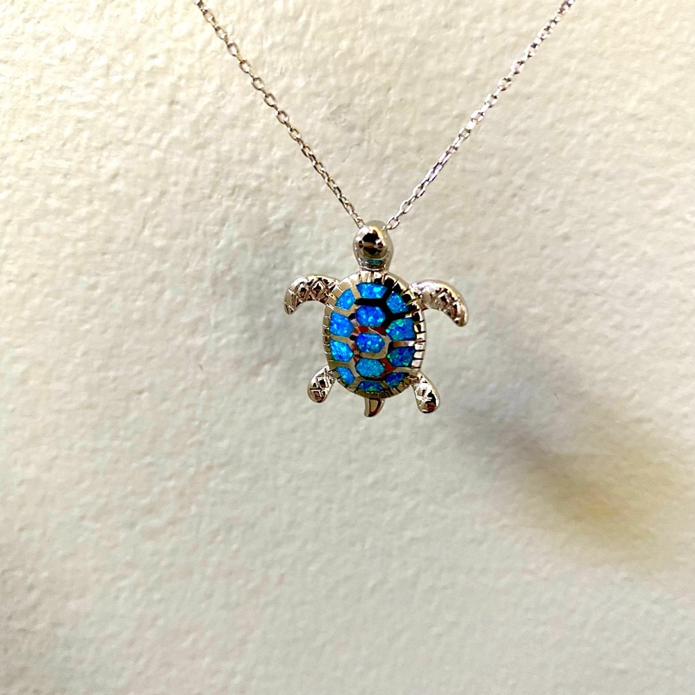 Lab-created Opal Sterling Silver Sea Turtle Necklace